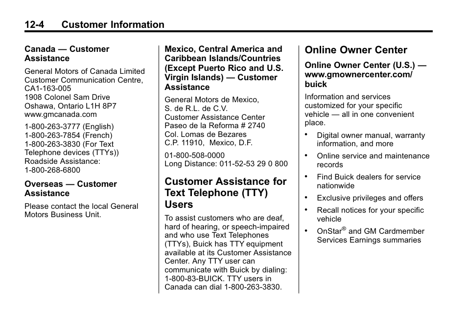 Customer assistance for text telephone (tty) users, Online owner center, Customer assistance for text | Telephone (tty) users (us, can) -4, Online owner center -4, 4 customer information | Buick 2010 Lacrosse User Manual | Page 392 / 418