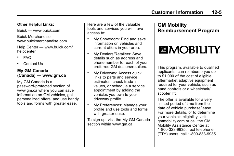 Gm mobility reimbursement program, Gm mobility reimbursement, Program -5 | Customer information 12-5 | Buick 2010 Lacrosse User Manual | Page 393 / 418