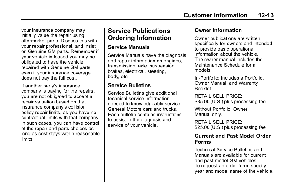 Service publications ordering information, Service publications, Ordering information -13 | Customer information 12-13 | Buick 2010 Lacrosse User Manual | Page 401 / 418