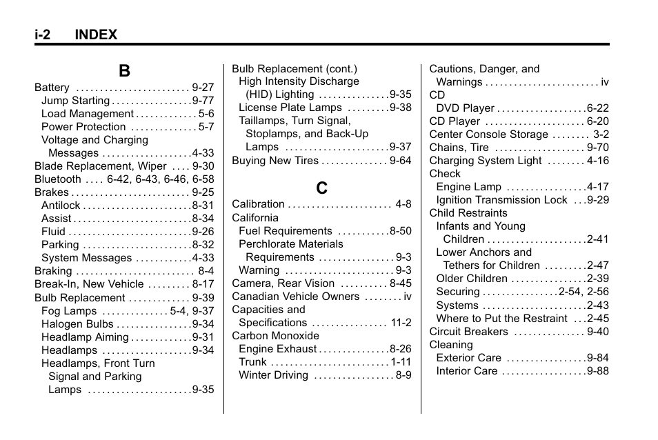 Index_b, Index_c, I-2 index | Buick 2010 Lacrosse User Manual | Page 408 / 418