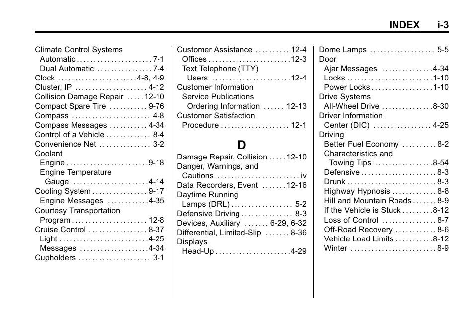 Index_d, Index i-3 | Buick 2010 Lacrosse User Manual | Page 409 / 418