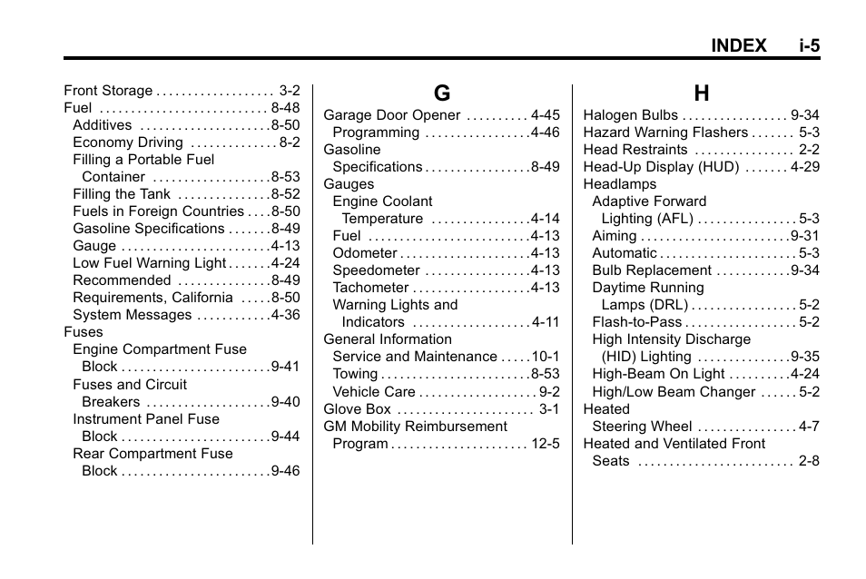 Index_g, Index_h, Index i-5 | Buick 2010 Lacrosse User Manual | Page 411 / 418
