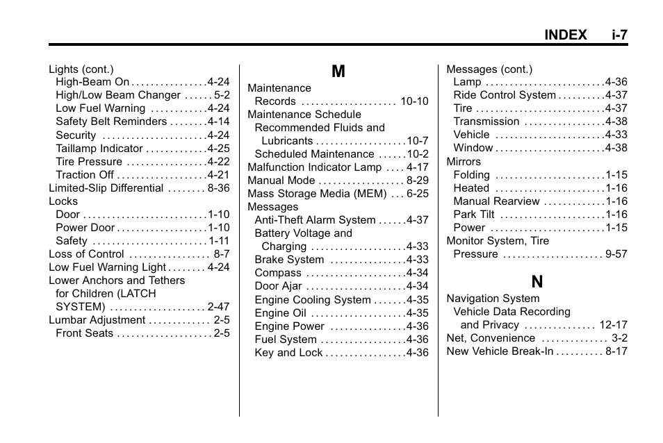 Index_m, Index_n, Index i-7 | Buick 2010 Lacrosse User Manual | Page 413 / 418