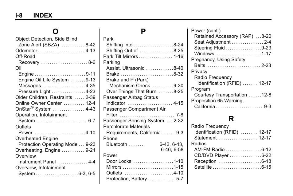 Index_o, Index_p, Index_r | I-8 index | Buick 2010 Lacrosse User Manual | Page 414 / 418