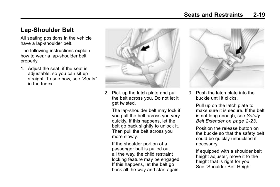 Lap-shoulder belt, Lap-shoulder belt -19, Adding | Seats and restraints 2-19 | Buick 2010 Lacrosse User Manual | Page 45 / 418