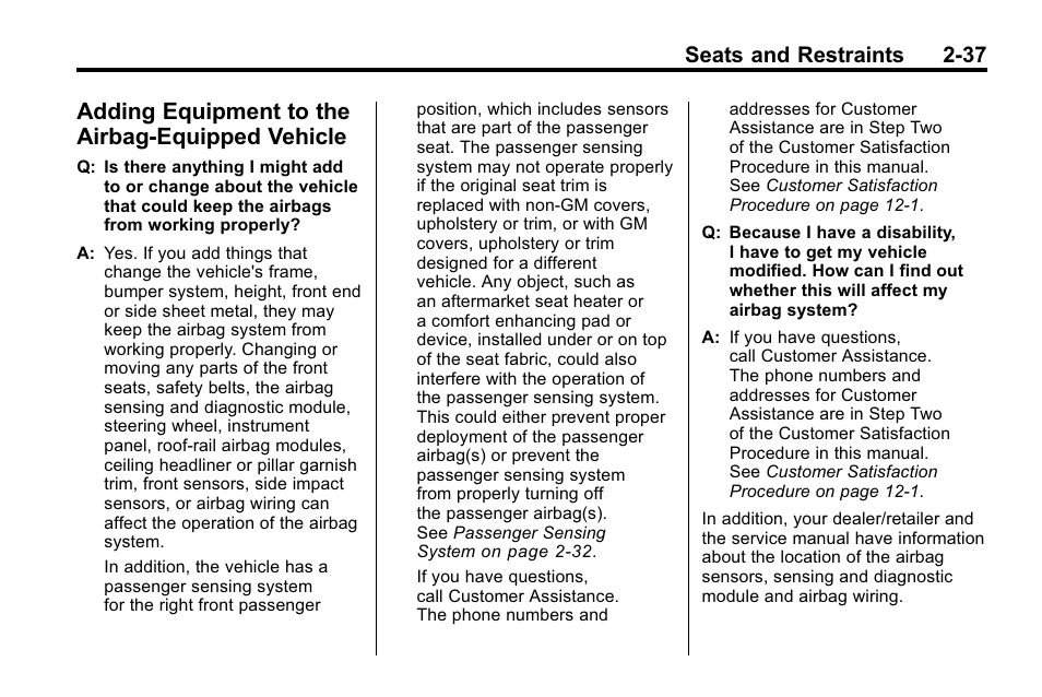 Adding equipment to the airbag-equipped vehicle, Equipment to the, Airbag-equipped vehicle -37 | Seats and restraints 2-37 | Buick 2010 Lacrosse User Manual | Page 63 / 418