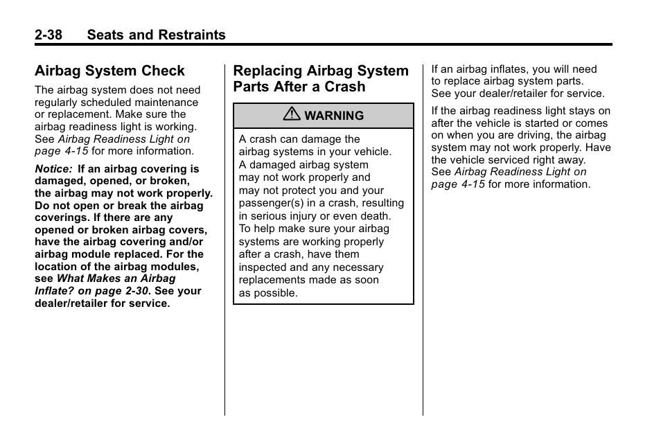 Airbag system check, Replacing airbag system parts after a crash, Airbag system check -38 replacing airbag system | Parts after a crash -38 | Buick 2010 Lacrosse User Manual | Page 64 / 418