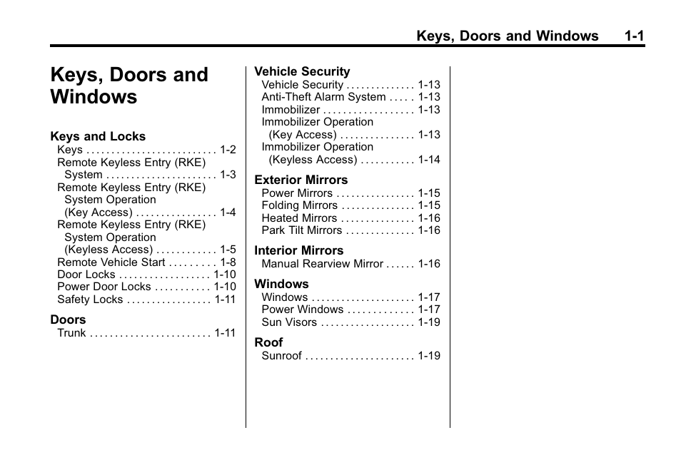 Keys, doors and windows, Keys, doors and windows -1, Keys, doors and windows 1-1 | Buick 2010 Lacrosse User Manual | Page 7 / 418