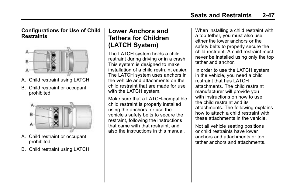 Lower anchors and tethers, For children (latch system) -47, Seats and restraints 2-47 | Buick 2010 Lacrosse User Manual | Page 73 / 418