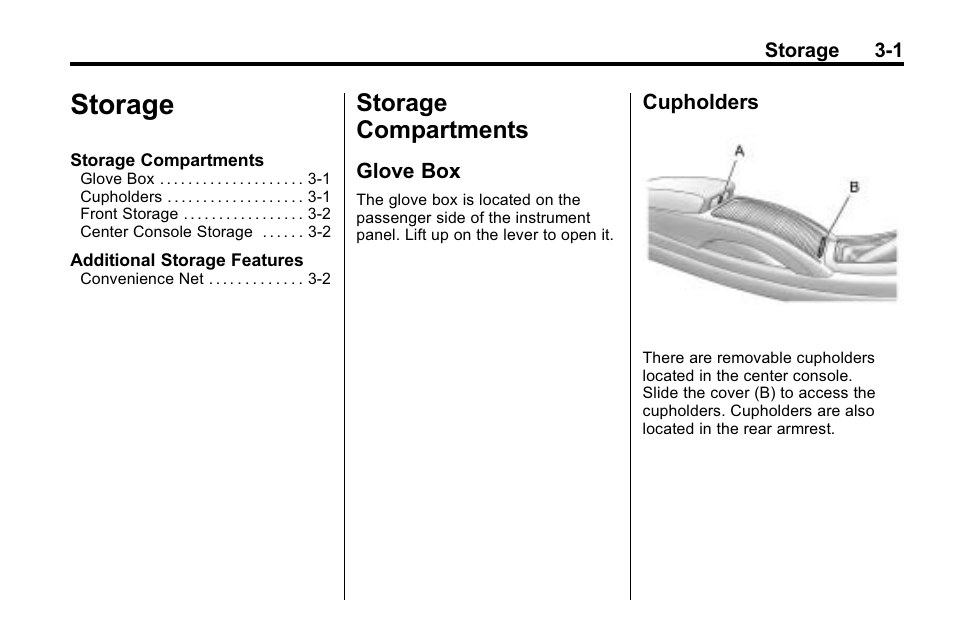 Storage, Storage compartments, Glove box | Cupholders, Storage -1, Storage compartments -1, Radio | Buick 2010 Lacrosse User Manual | Page 85 / 418