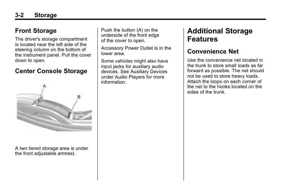 Front storage, Center console storage, Additional storage features | Convenience net, Additional storage features -2, Audio | Buick 2010 Lacrosse User Manual | Page 86 / 418