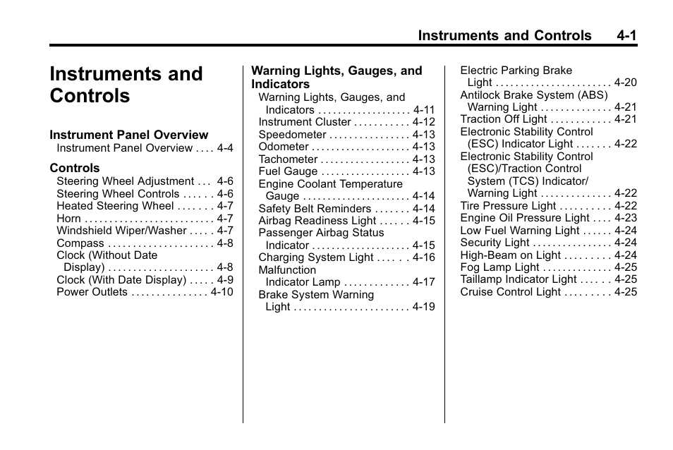 Instruments and controls, Instruments and controls -1, Instruments and controls 4-1 | Buick 2010 Lacrosse User Manual | Page 87 / 418