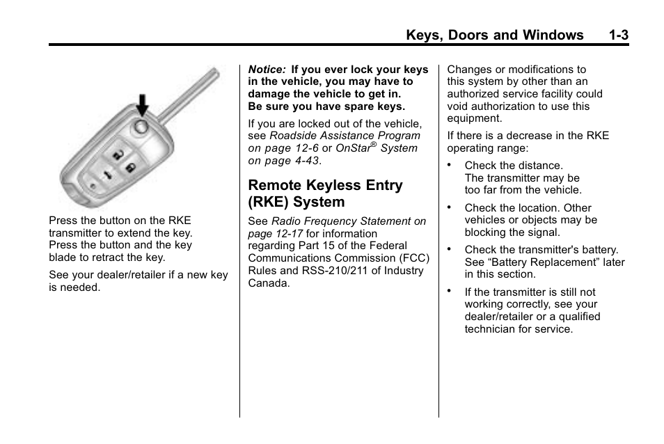 Remote keyless entry (rke) system, Remote keyless entry (rke), System -3 | Keys, doors and windows 1-3 | Buick 2010 Lacrosse User Manual | Page 9 / 418