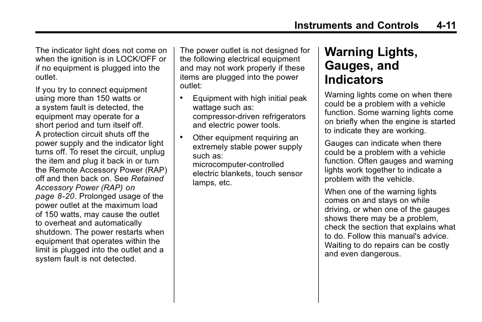 Warning lights, gauges, and indicators, Gauges, and, Warning lights, gauges, and | Indicators -11, Instruments and controls 4-11 | Buick 2010 Lacrosse User Manual | Page 97 / 418