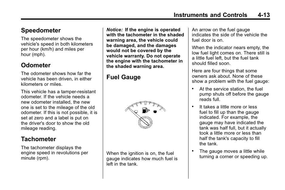 Speedometer, Odometer, Tachometer | Fuel gauge, Instruments and controls 4-13 | Buick 2010 Lacrosse User Manual | Page 99 / 418