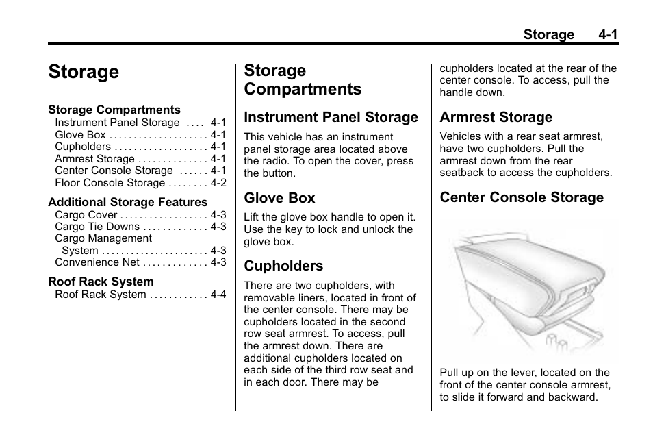 Storage, Storage compartments, Instrument panel storage | Glove box, Cupholders, Armrest storage, Center console storage, Storage -1, Storage compartments -1, Climate control | Buick 2010 Enclave User Manual | Page 115 / 440