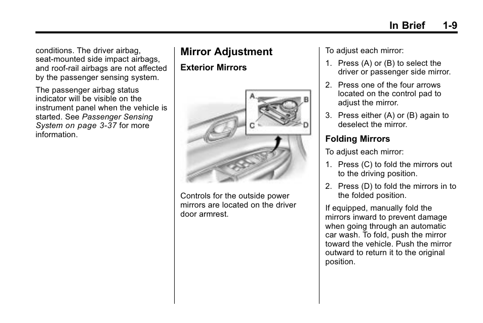 Mirror adjustment, Mirror adjustment -9, Tire | Buick 2010 Enclave User Manual | Page 15 / 440