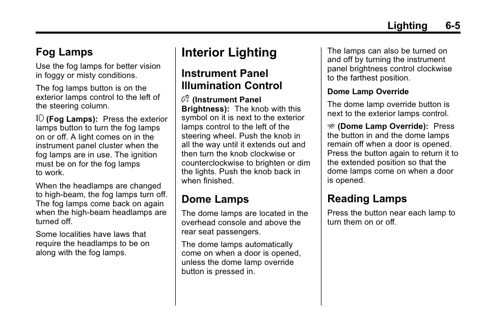 Fog lamps, Interior lighting, Instrument panel illumination control | Dome lamps, Reading lamps, Interior lighting -5, Fog lamps -5, Instrument panel illumination, Control -5, Dome lamps -5 reading lamps -5 | Buick 2010 Enclave User Manual | Page 175 / 440