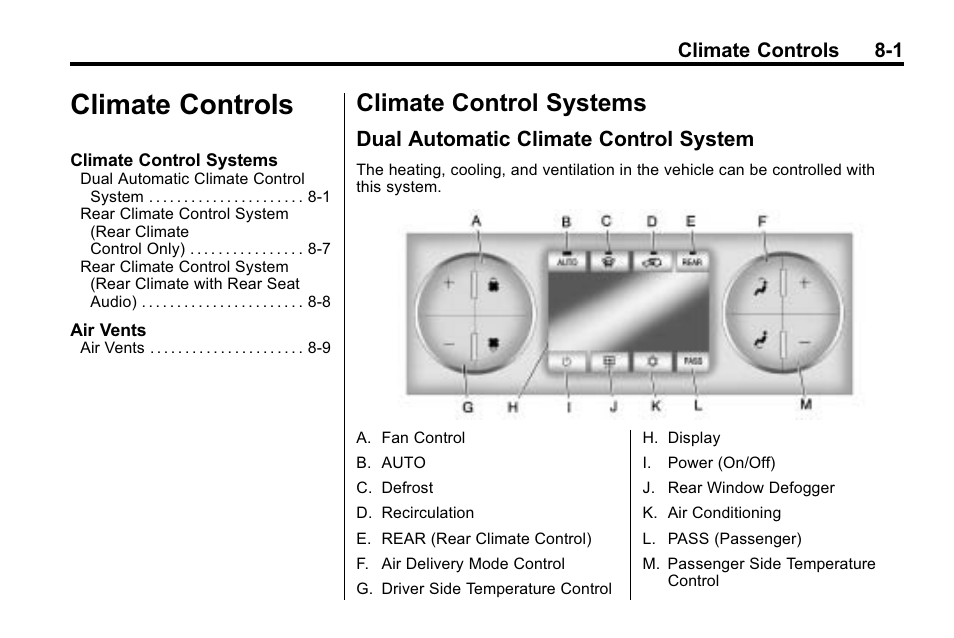 Climate controls, Climate control systems, Dual automatic climate control system | Climate controls -1, Systems -1, Dual automatic climate control, Climate controls 8-1 | Buick 2010 Enclave User Manual | Page 235 / 440