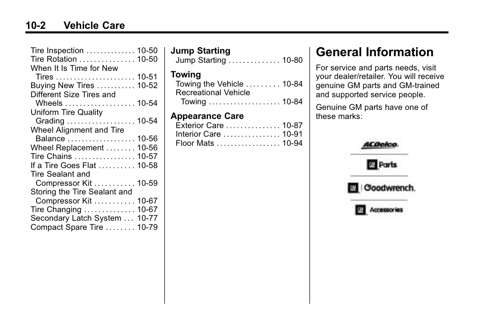 General information, General information -2, 2 vehicle care | Buick 2010 Enclave User Manual | Page 304 / 440