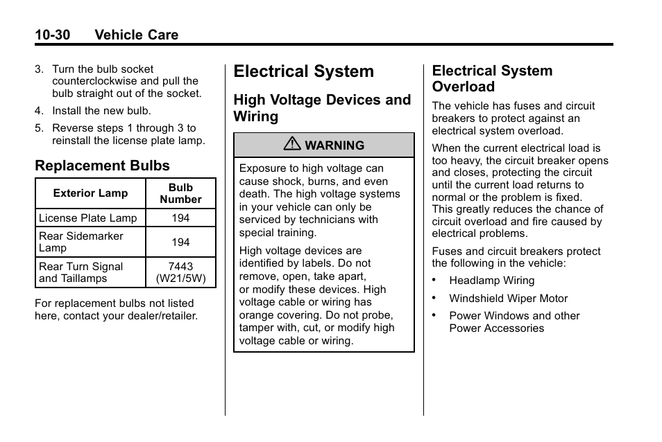 Replacement bulbs, Electrical system, High voltage devices and wiring | Electrical system overload, Bulbs -30, High voltage devices and, Wiring -30, Overload -30, 30 vehicle care | Buick 2010 Enclave User Manual | Page 332 / 440