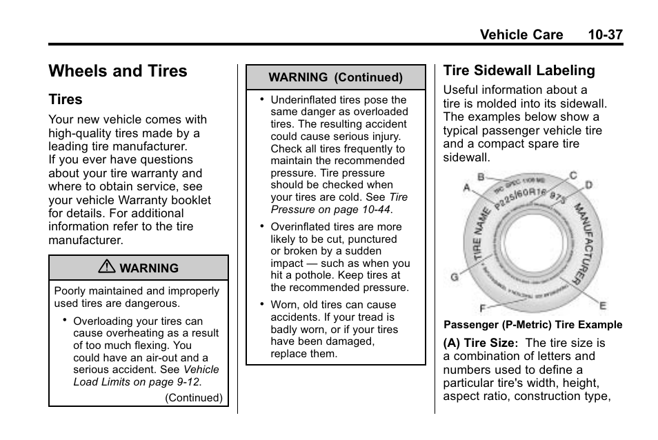Wheels and tires, Tires, Tire sidewall labeling | Wheels and tires -37, Tires -37 tire sidewall labeling -37, Vehicle care 10-37 | Buick 2010 Enclave User Manual | Page 339 / 440