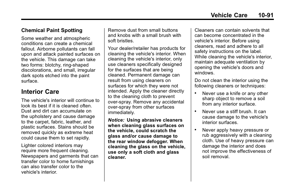 Interior care, Interior care -91, Vehicle care 10-91 | Buick 2010 Enclave User Manual | Page 393 / 440