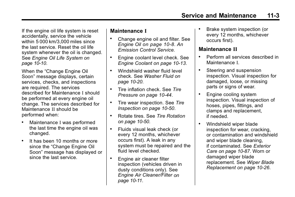 Service and maintenance 11-3, Maintenance i, Maintenance ii | Buick 2010 Enclave User Manual | Page 399 / 440