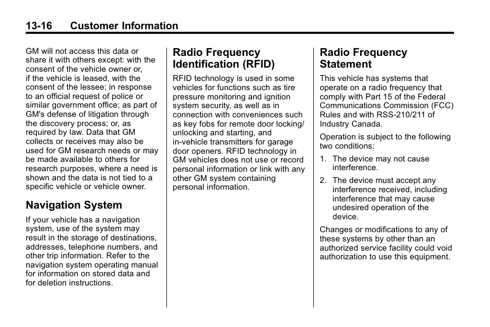 Navigation system, Radio frequency identification (rfid), Radio frequency statement | Navigation system -16 radio frequency, Rfid) -16, Radio frequency, Statement -16 | Buick 2010 Enclave User Manual | Page 428 / 440
