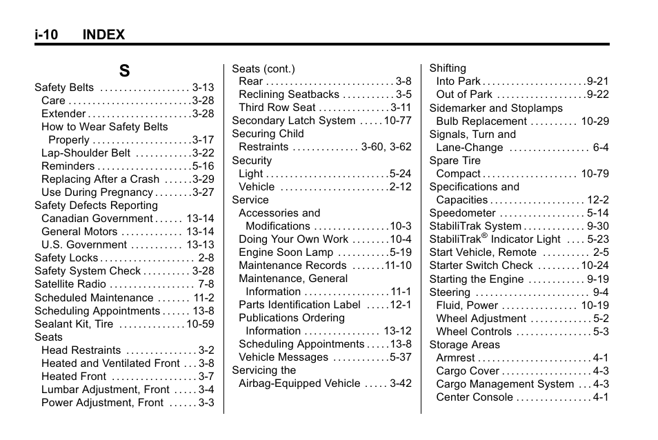 Index_s, I-10 index | Buick 2010 Enclave User Manual | Page 438 / 440