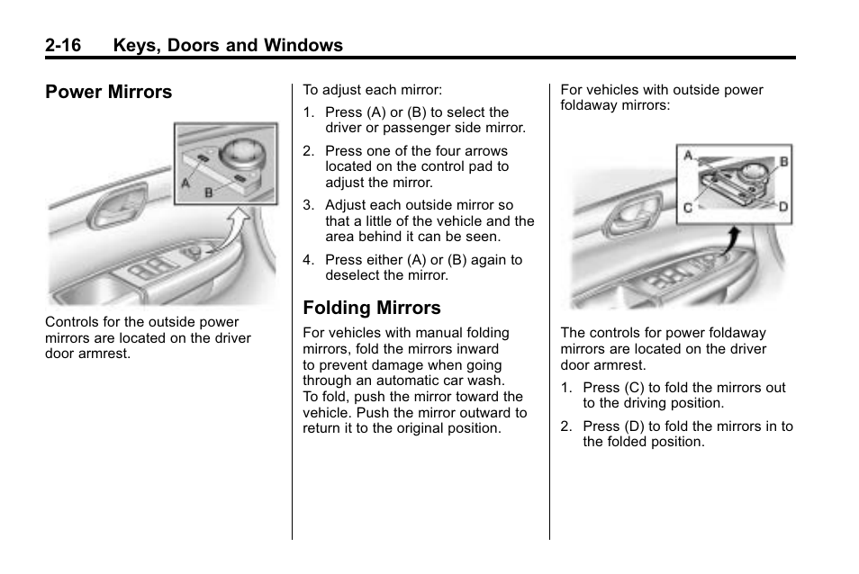 Power mirrors, Folding mirrors, Power mirrors -16 | Mirrors -16, 16 keys, doors and windows | Buick 2010 Enclave User Manual | Page 44 / 440