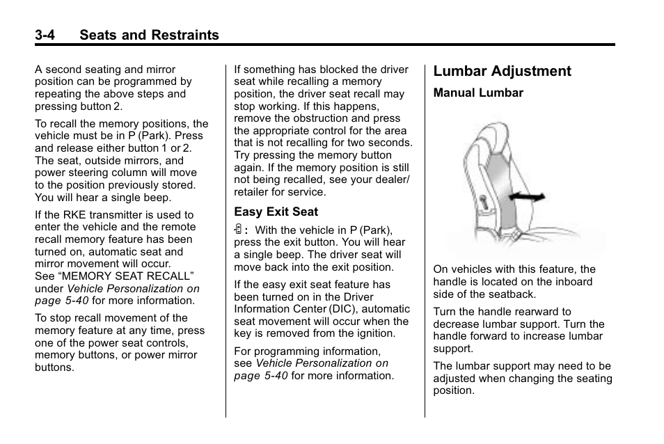 Lumbar adjustment, Lumbar adjustment -4, Lumbar adjustment on | 4 seats and restraints | Buick 2010 Enclave User Manual | Page 54 / 440