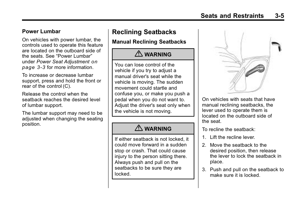 Reclining seatbacks, Reclining seatbacks -5, What | Reclining seatbacks on | Buick 2010 Enclave User Manual | Page 55 / 440