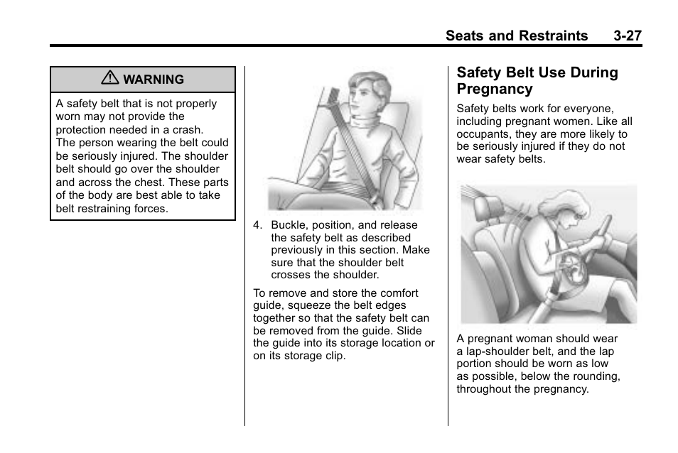 Safety belt use during pregnancy, Safety belt use during, Pregnancy -27 | Buick 2010 Enclave User Manual | Page 77 / 440