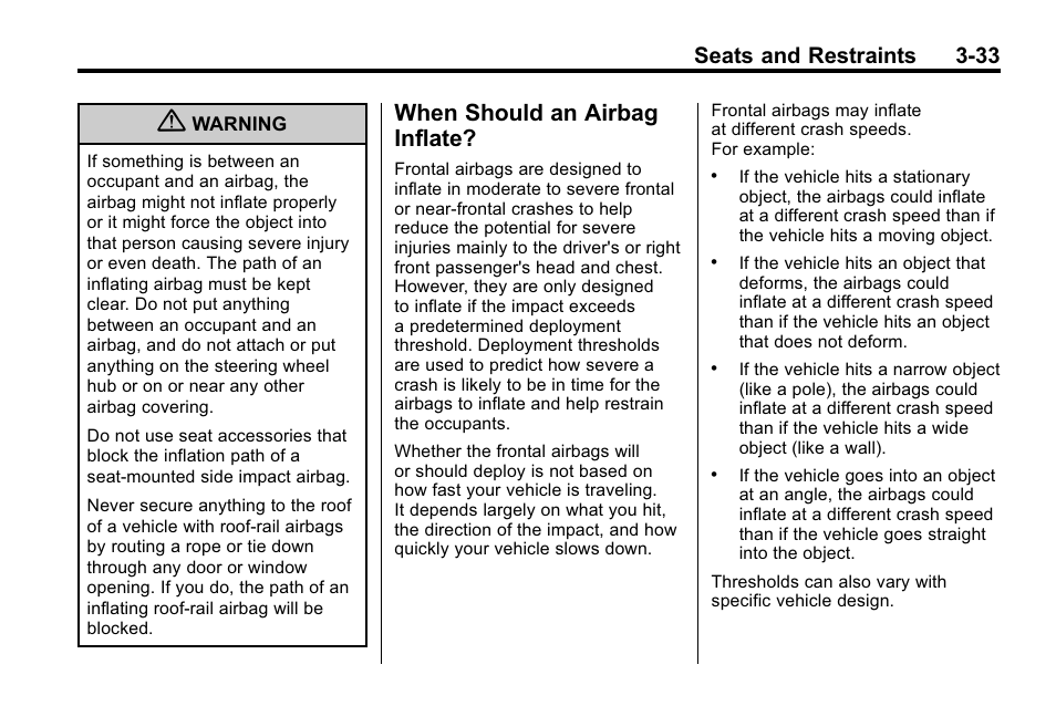 When should an airbag inflate, Should an airbag, Inflate? -33 | Seats and restraints 3-33 | Buick 2010 Enclave User Manual | Page 83 / 440