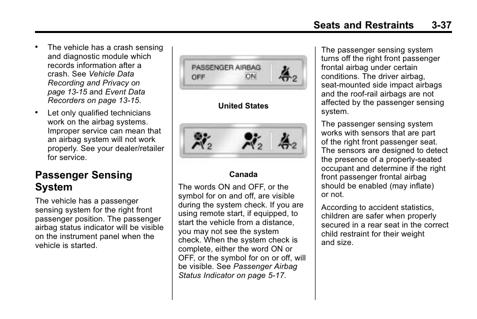 Passenger sensing system, Sensing, Seats and restraints 3-37 | Buick 2010 Enclave User Manual | Page 87 / 440