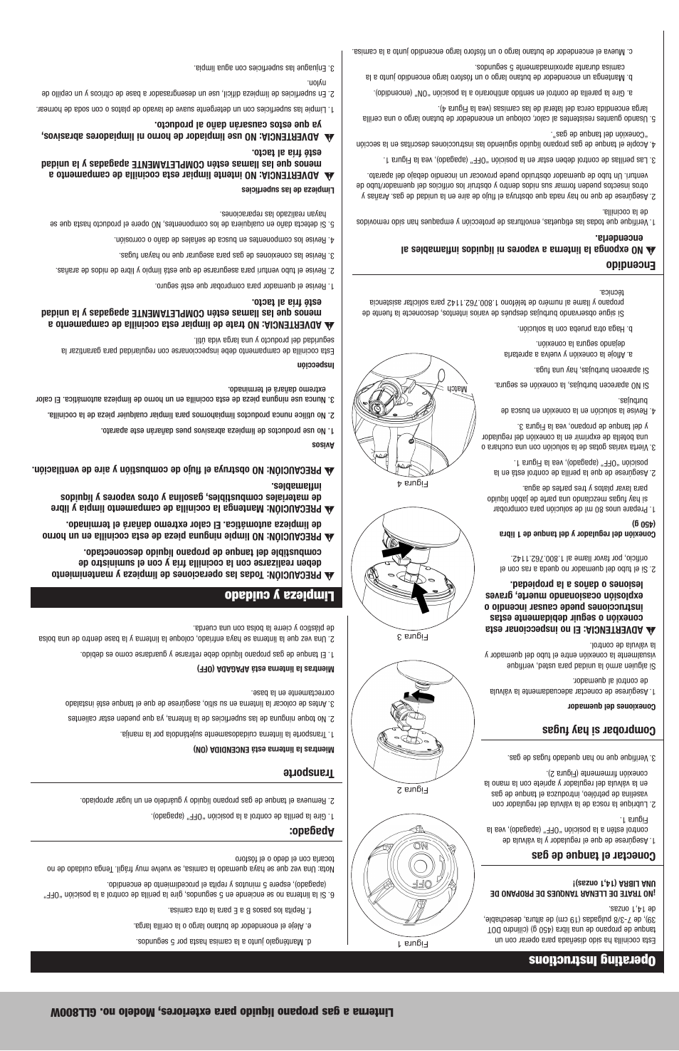 Operating instructions, Limpieza y cuidado, Conectar el tanque de gas | Comprobar si hay fugas, Encendido, Apagado, Transporte | Blue Rhino GLL800W User Manual | Page 11 / 16