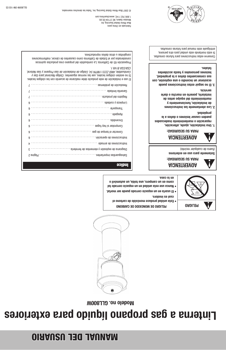 Linterna a gas propano líquido para exteriores, Manual del usu ario, Modelo no. gll800w | Advertencia, Indice | Blue Rhino GLL800W User Manual | Page 16 / 16