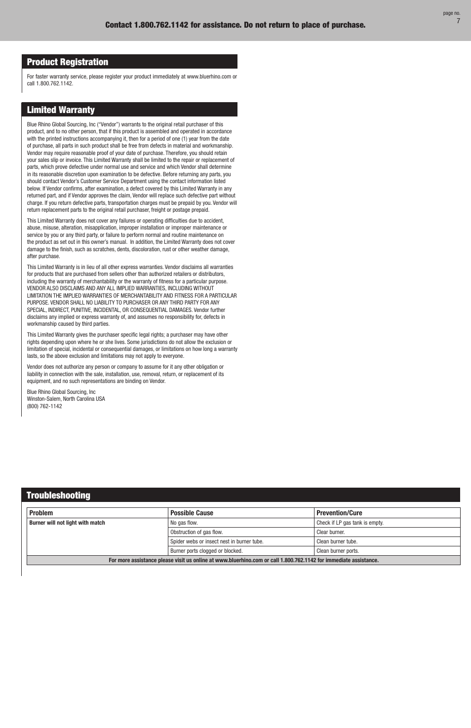 Troubleshooting, Product registration, Limited warranty | Blue Rhino GLL800W User Manual | Page 7 / 16