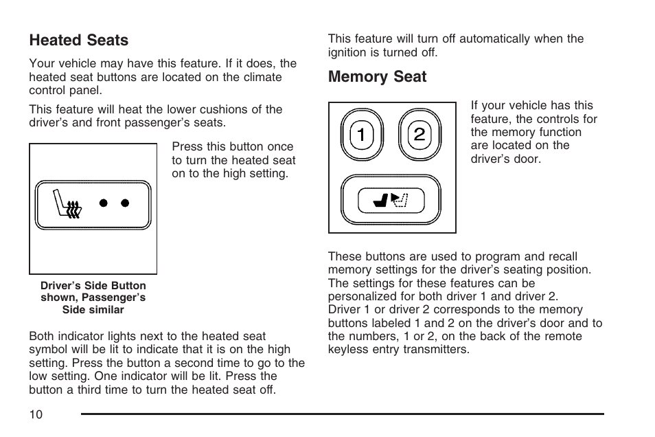 Heated seats, Memory seat, Heated seats memory seat | Buick 2007 Terraza User Manual | Page 10 / 562