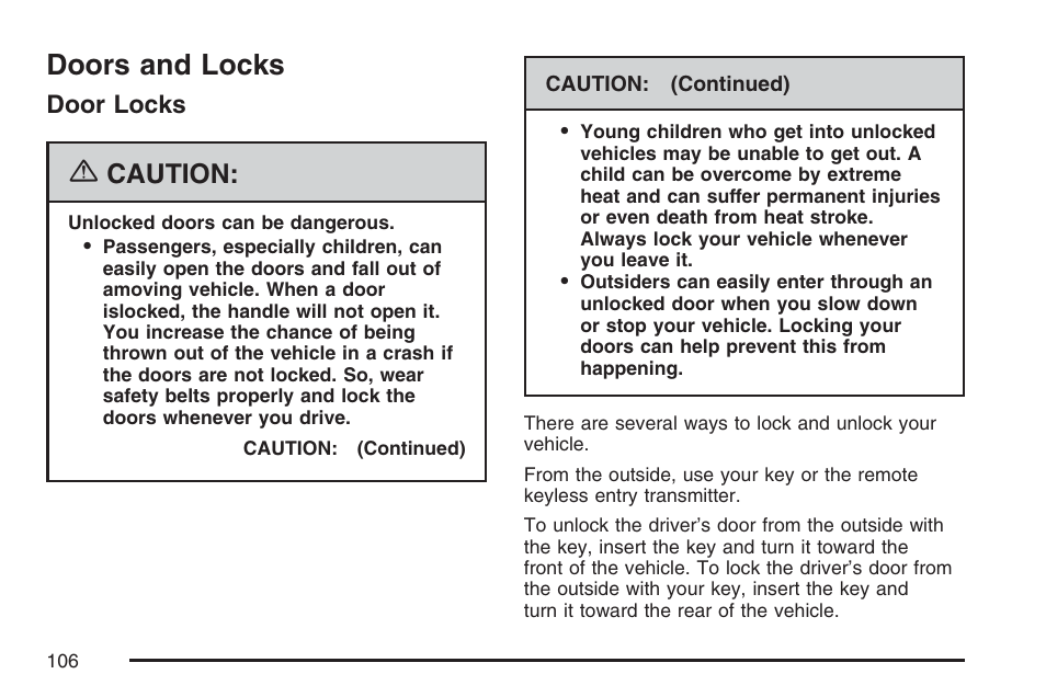 Doors and locks, Door locks, Caution | Buick 2007 Terraza User Manual | Page 106 / 562