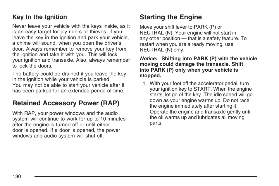 Retained accessory power (rap), Starting the engine, Retained accessory power (rap) starting the engine | Buick 2007 Terraza User Manual | Page 130 / 562