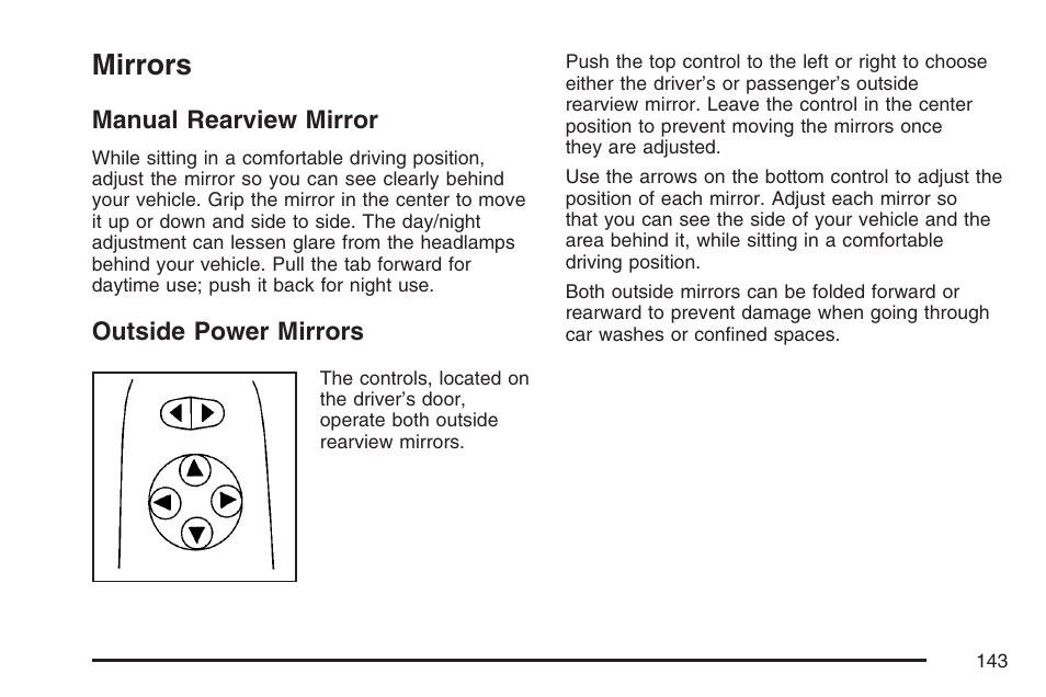 Mirrors, Manual rearview mirror, Outside power mirrors | Manual rearview mirror outside power mirrors | Buick 2007 Terraza User Manual | Page 143 / 562