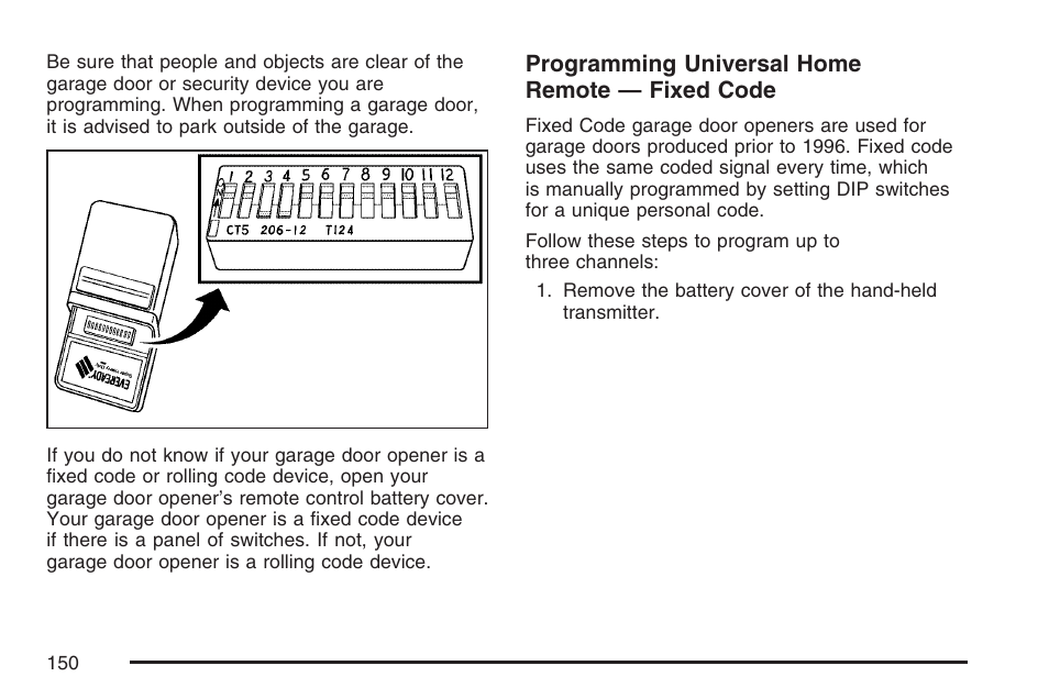 Programming universal home remote — fixed code | Buick 2007 Terraza User Manual | Page 150 / 562