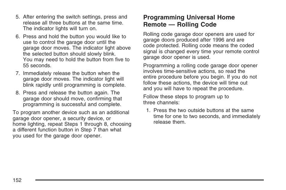 Programming universal home remote — rolling code | Buick 2007 Terraza User Manual | Page 152 / 562