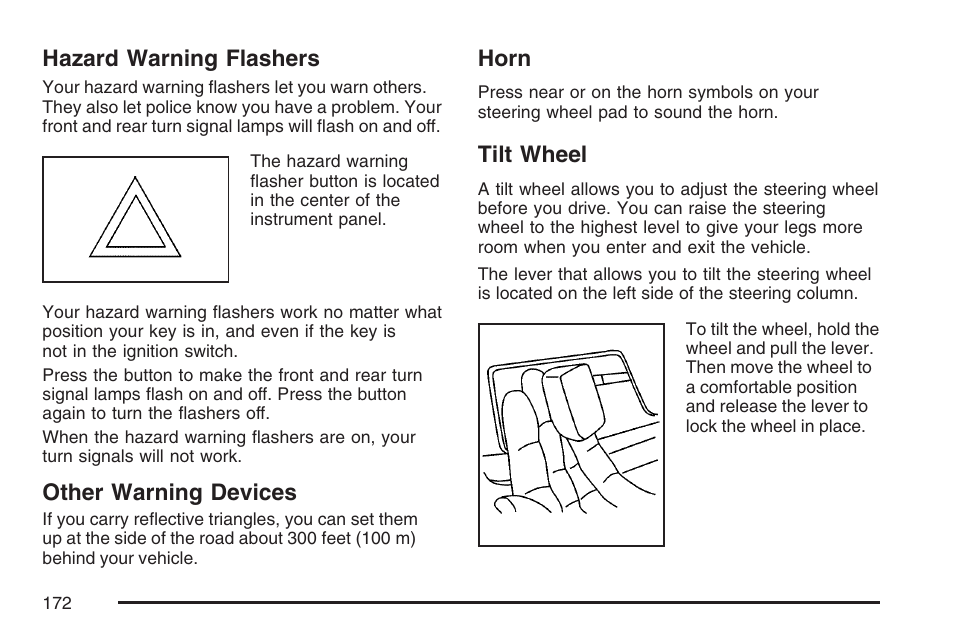 Hazard warning flashers, Other warning devices, Horn | Tilt wheel, Hazard, Warning flashers | Buick 2007 Terraza User Manual | Page 172 / 562