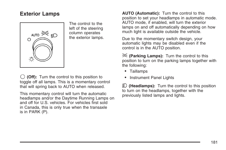 Exterior lamps, Exterior, Lamps | Buick 2007 Terraza User Manual | Page 181 / 562