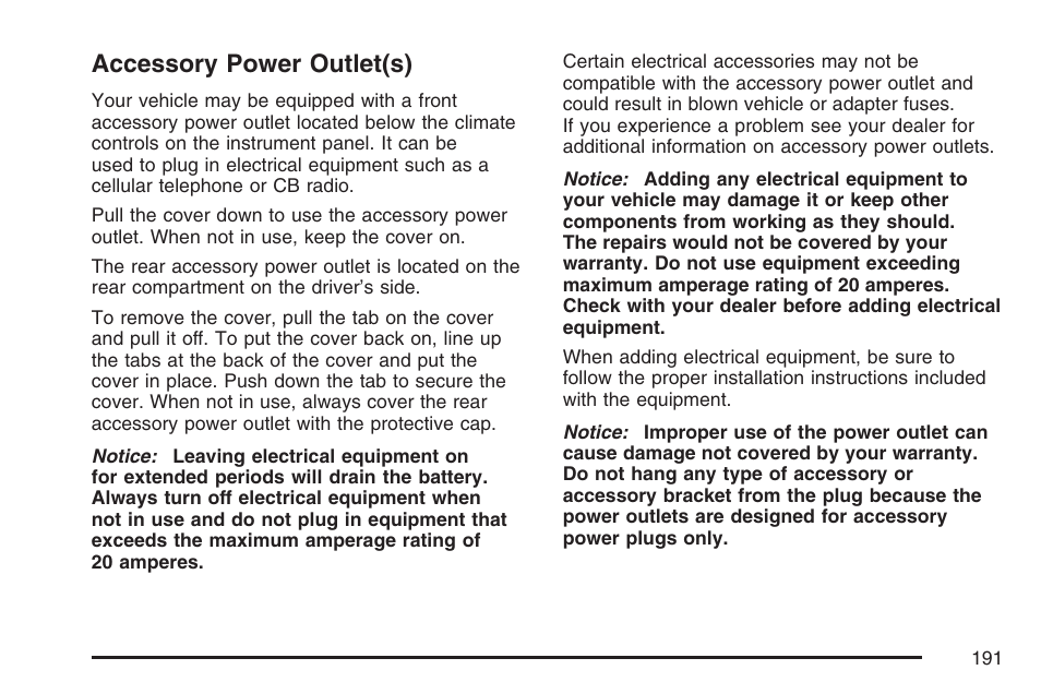 Accessory power outlet(s) | Buick 2007 Terraza User Manual | Page 191 / 562