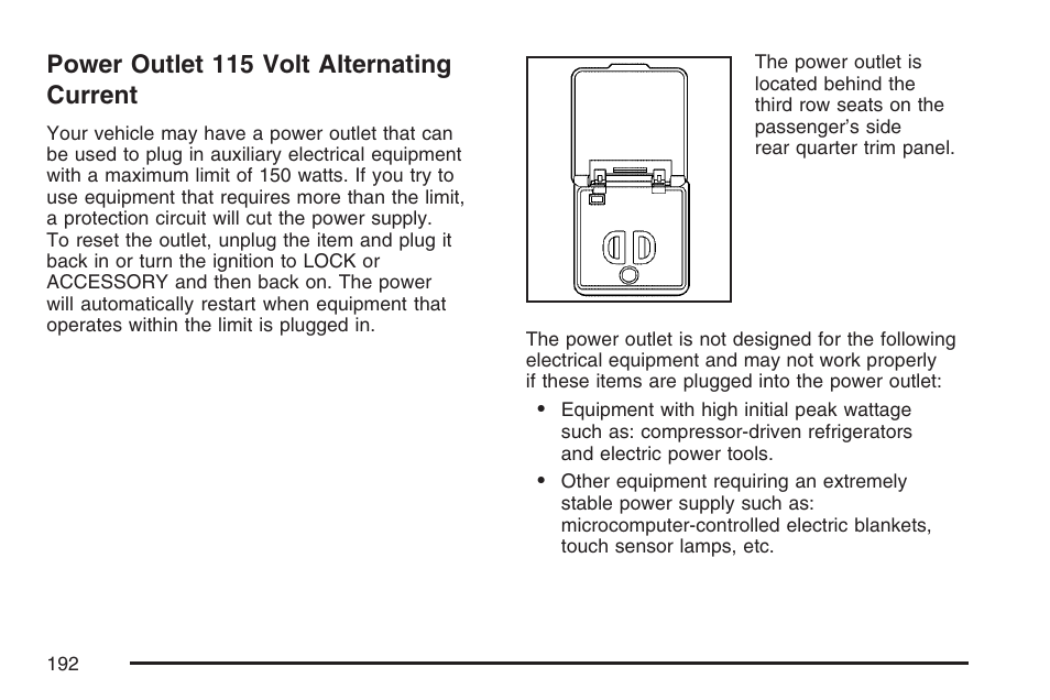 Power outlet 115 volt alternating current, Power outlet 115 volt alternating, Current | Buick 2007 Terraza User Manual | Page 192 / 562