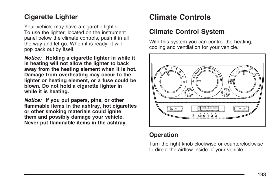 Cigarette lighter, Climate controls, Climate control system | Buick 2007 Terraza User Manual | Page 193 / 562